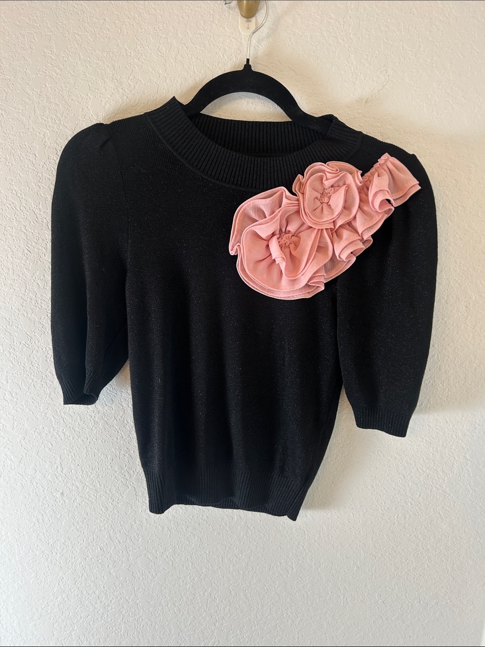 Anthropologie Black Crewneck Sweater with Pink Floral Applique coquette size XS